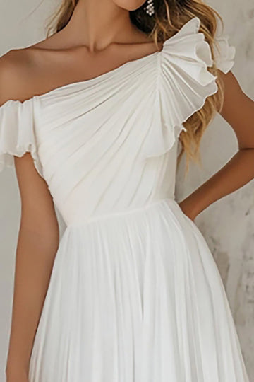 Off the Shoulder White A Line Pleated Chiffon Maxi Dress